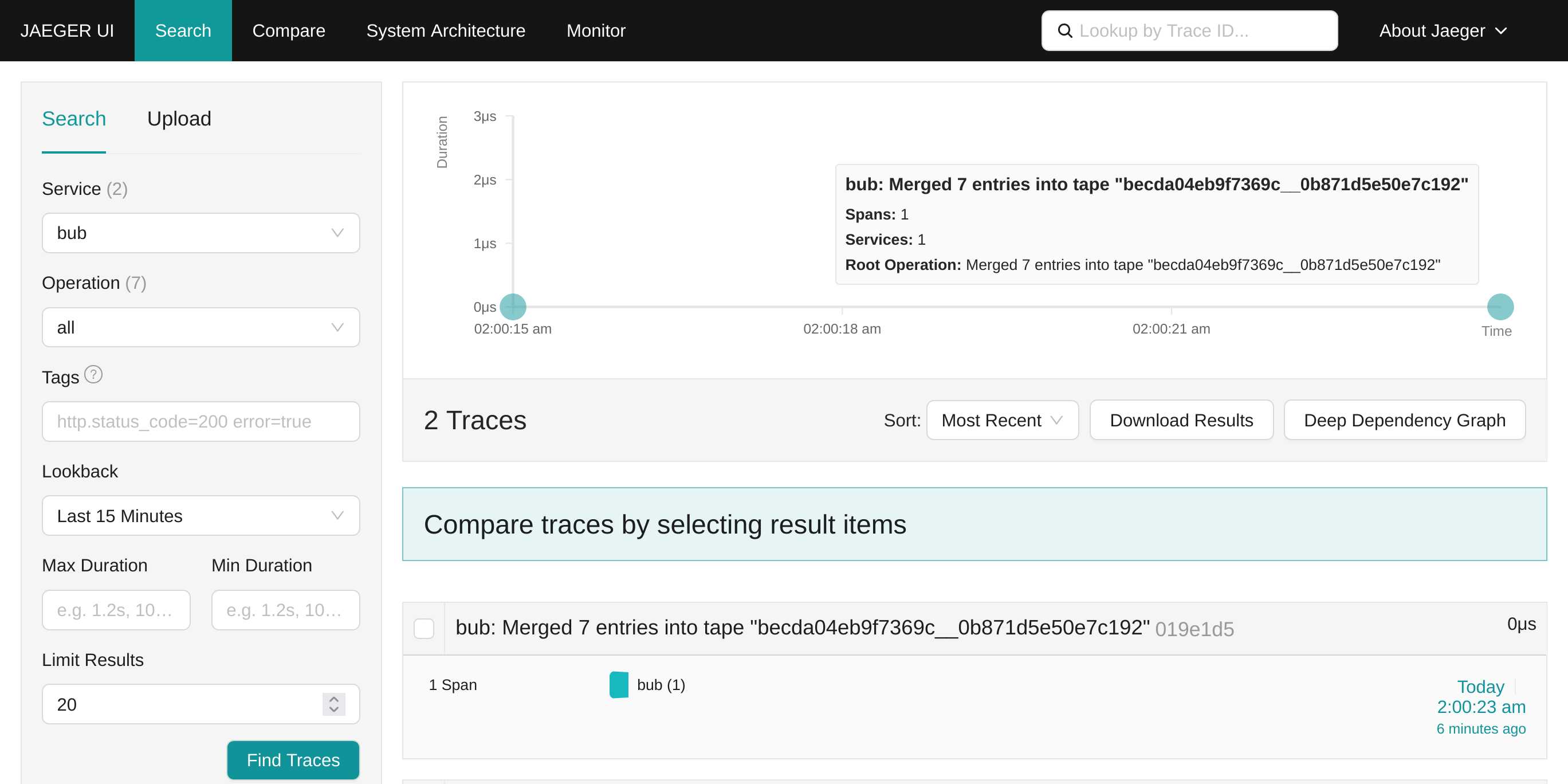 A Jaeger screenshot showing Bub telemetry exported through Logfire and OTLP